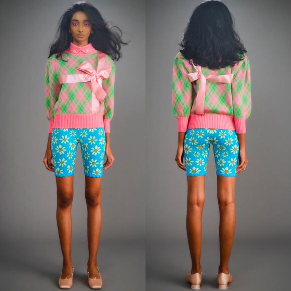 Motoguo Designer 100% Merino Wool Bow Argyle Turtleneck Sweater Pink Green Small - Picture 4 of 14